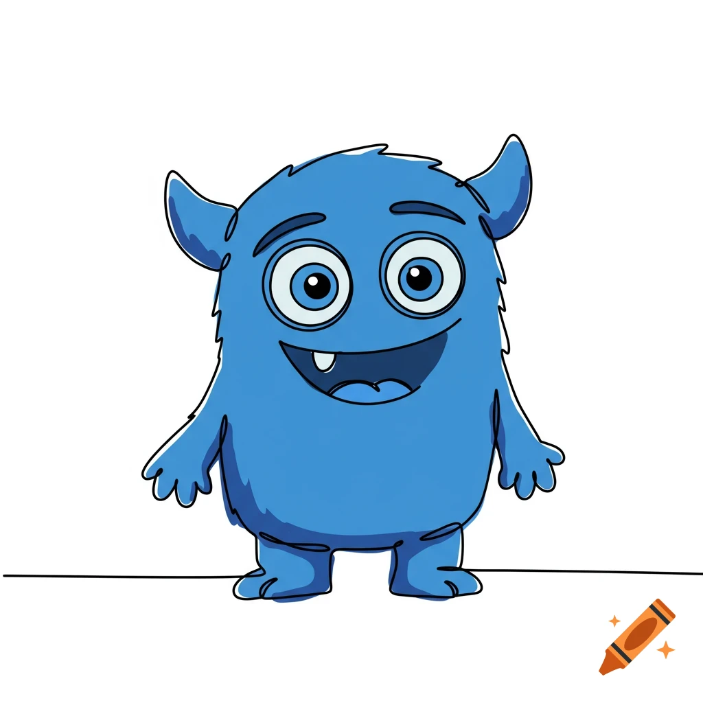 A blue cartoon monster illustration in a continuous line drawing style.