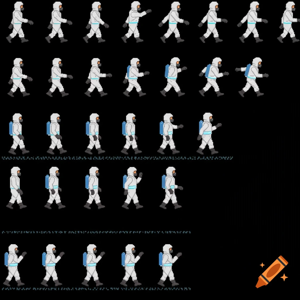 Pixel art sprite sheet showing figures in white hazmat suits walking.