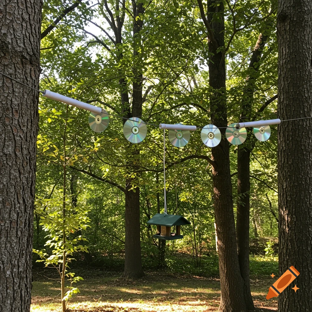 CDs threaded onto a cable strung between trees near a bird feeder.