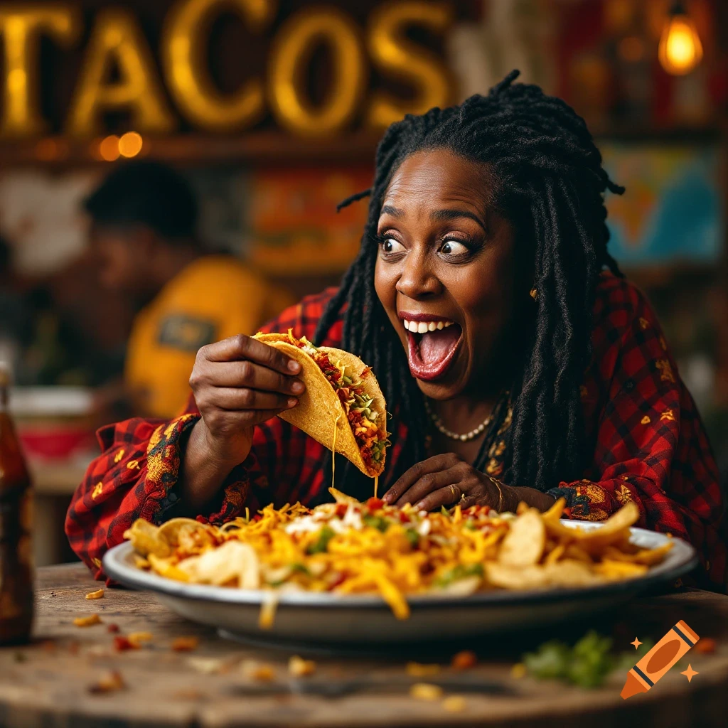 A woman resembling Whoopi Goldberg excitedly eats a taco in a restaurant.