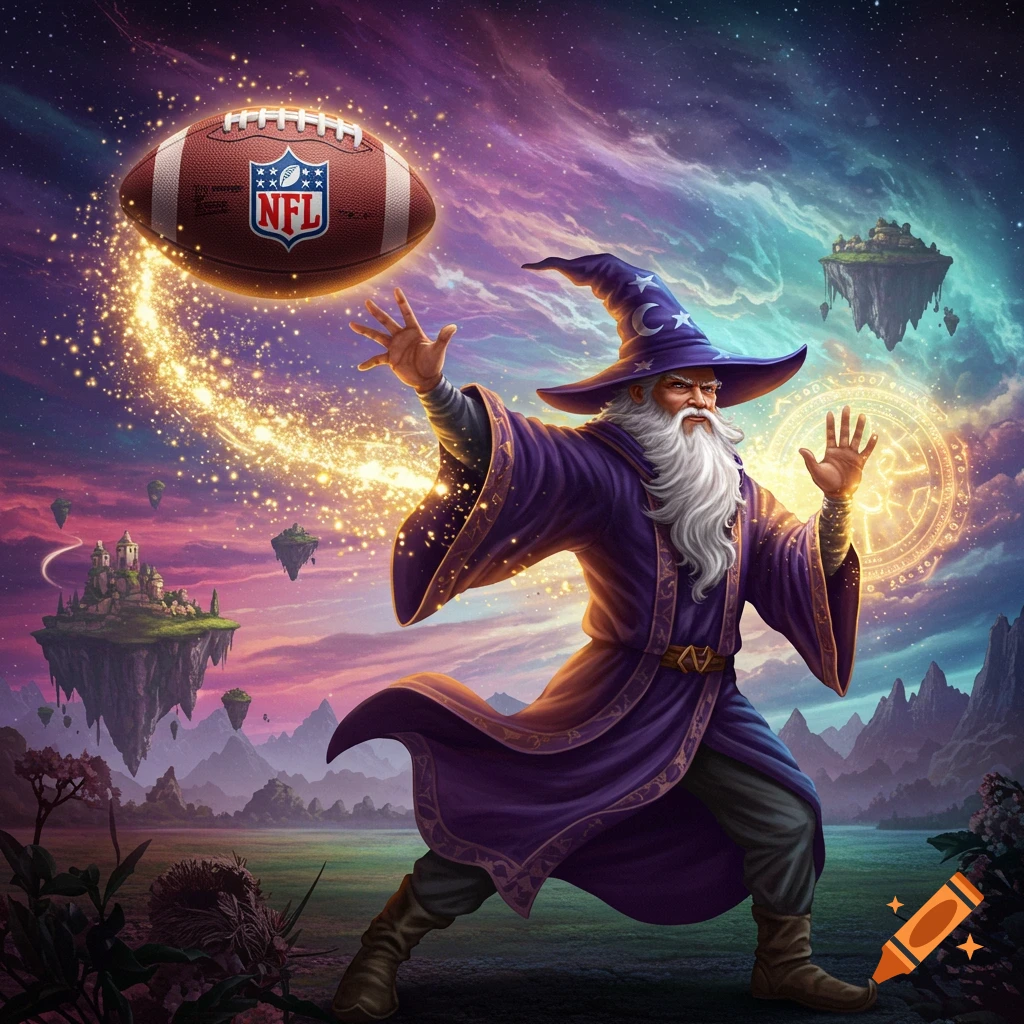 Magical wizard throws an NFL football in a fantasy landscape with floating islands. Digital art.