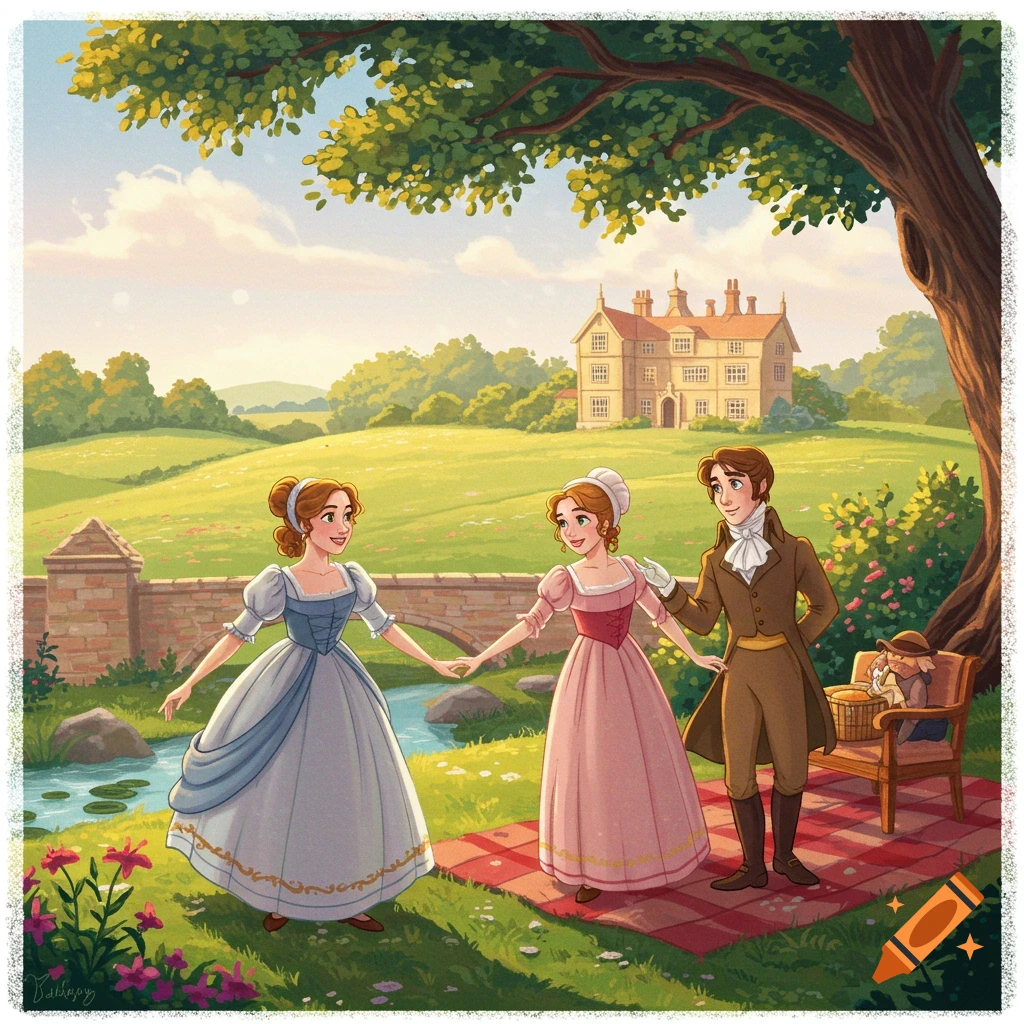 Three people in historical clothing stand in a countryside garden.