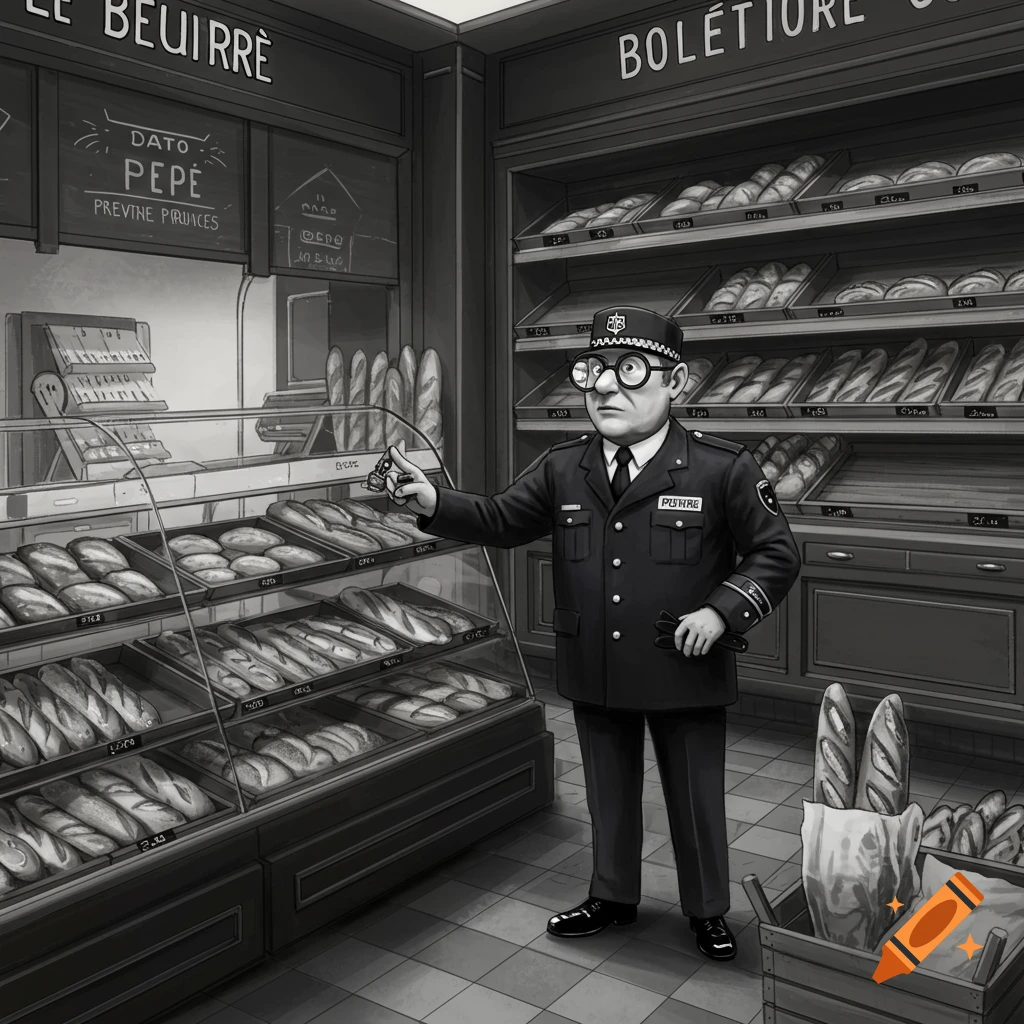 Black and white illustration of an inspector pointing in a bakery with bread displays.