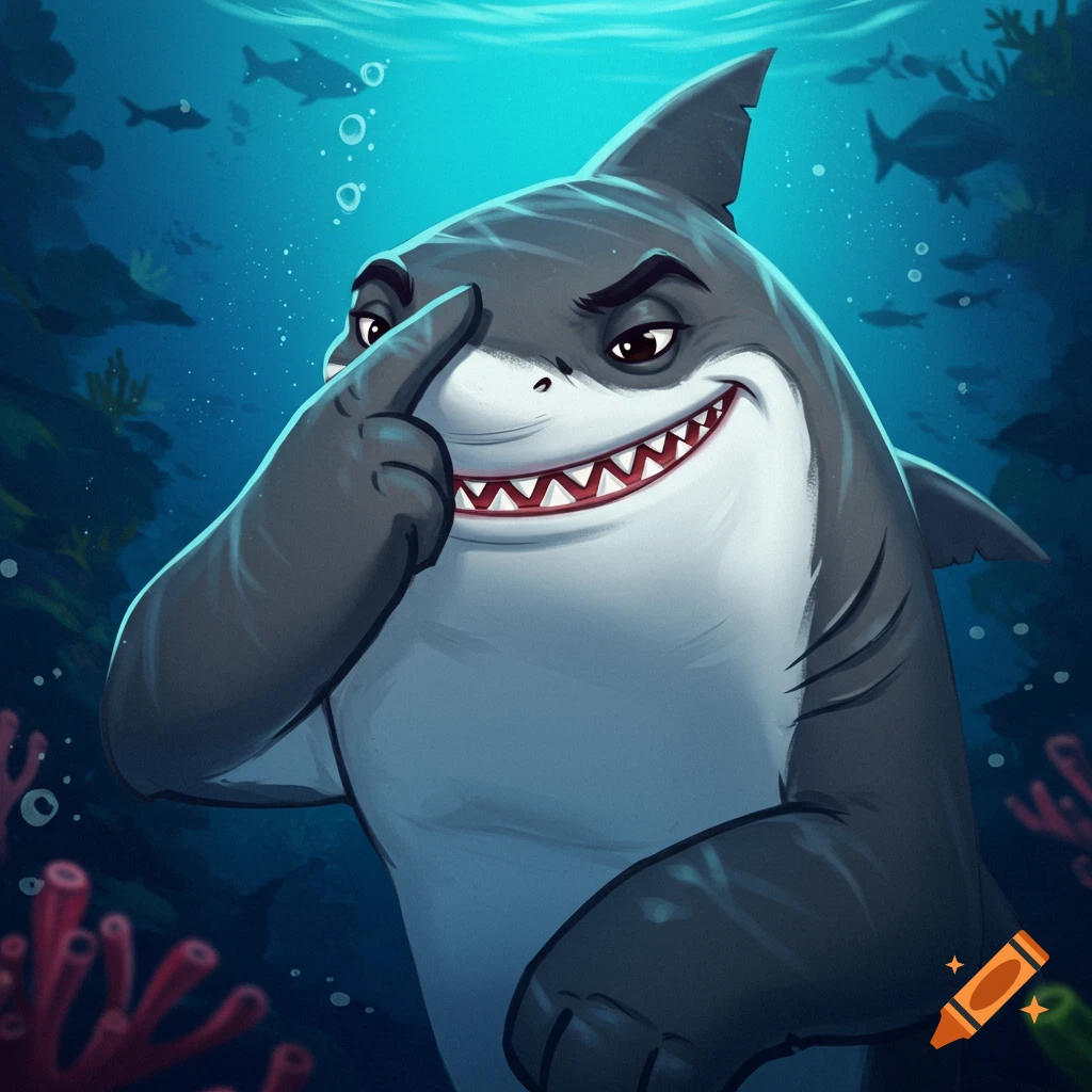 A cartoon shark underwater putting its fin on its face.
