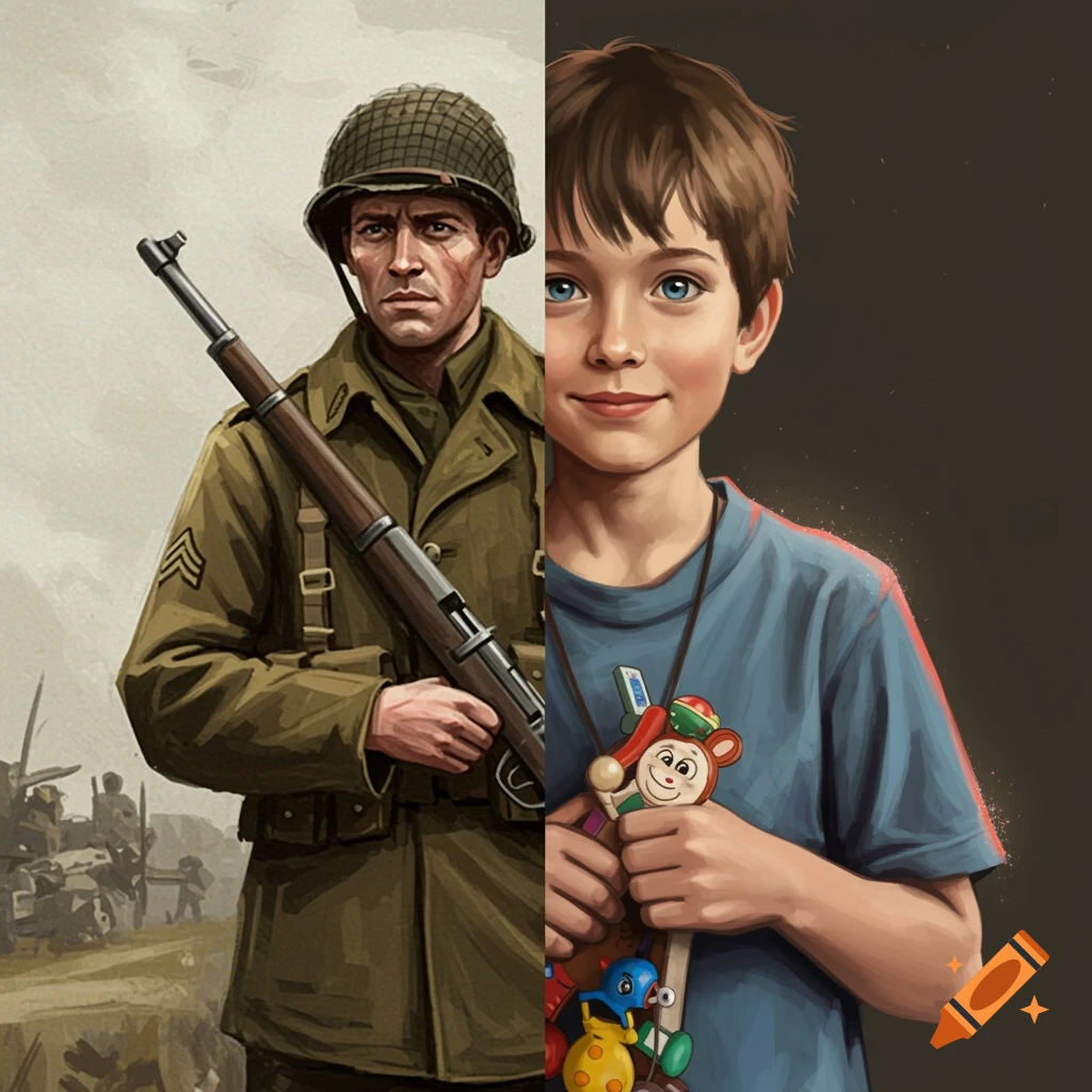 Split image of a WWII soldier and a young boy with a toy.