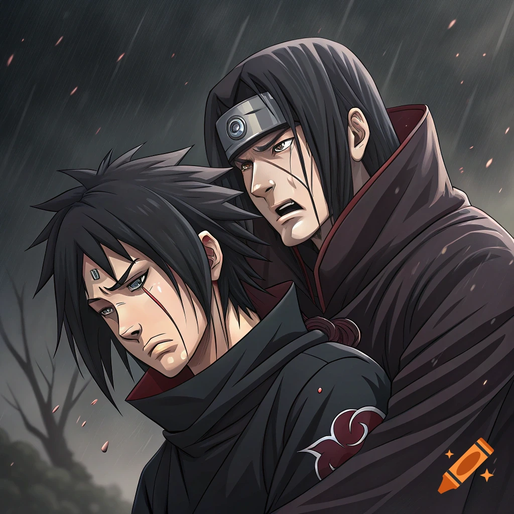 Anime style illustration of two figures, resembling Itachi and Sasuke from Naruto, embracing in the rain.