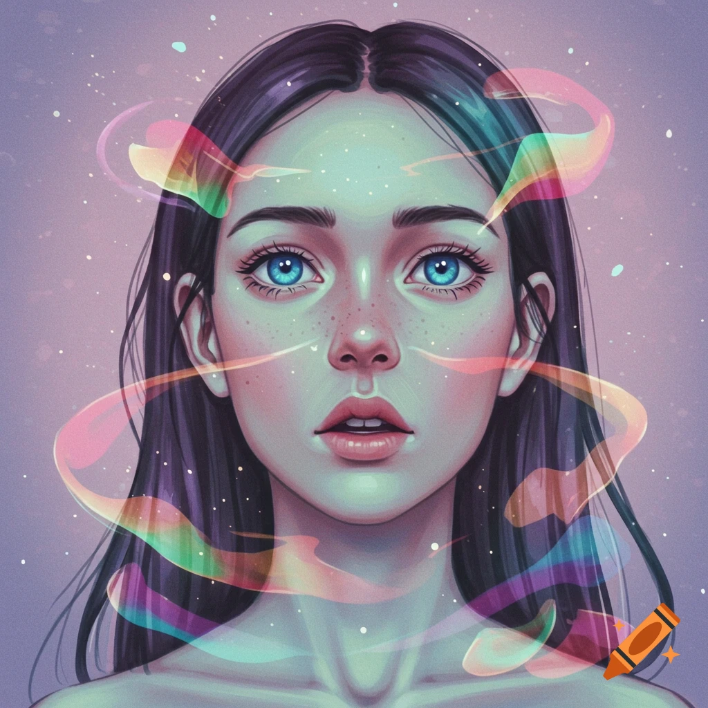 A woman's face with bright blue eyes and colorful swirling shapes.