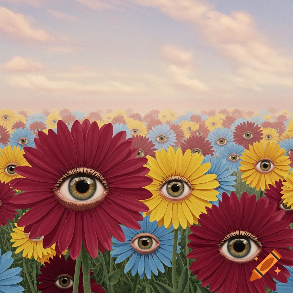 A field of red, yellow, and blue flowers with eyes in the center.