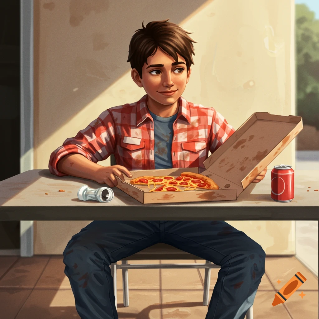 A young boy in a plaid shirt eats pizza from a box at a table. Digital art.