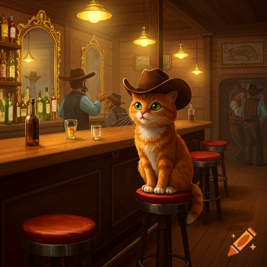 An orange cat wearing a cowboy hat sits on a stool in a saloon.