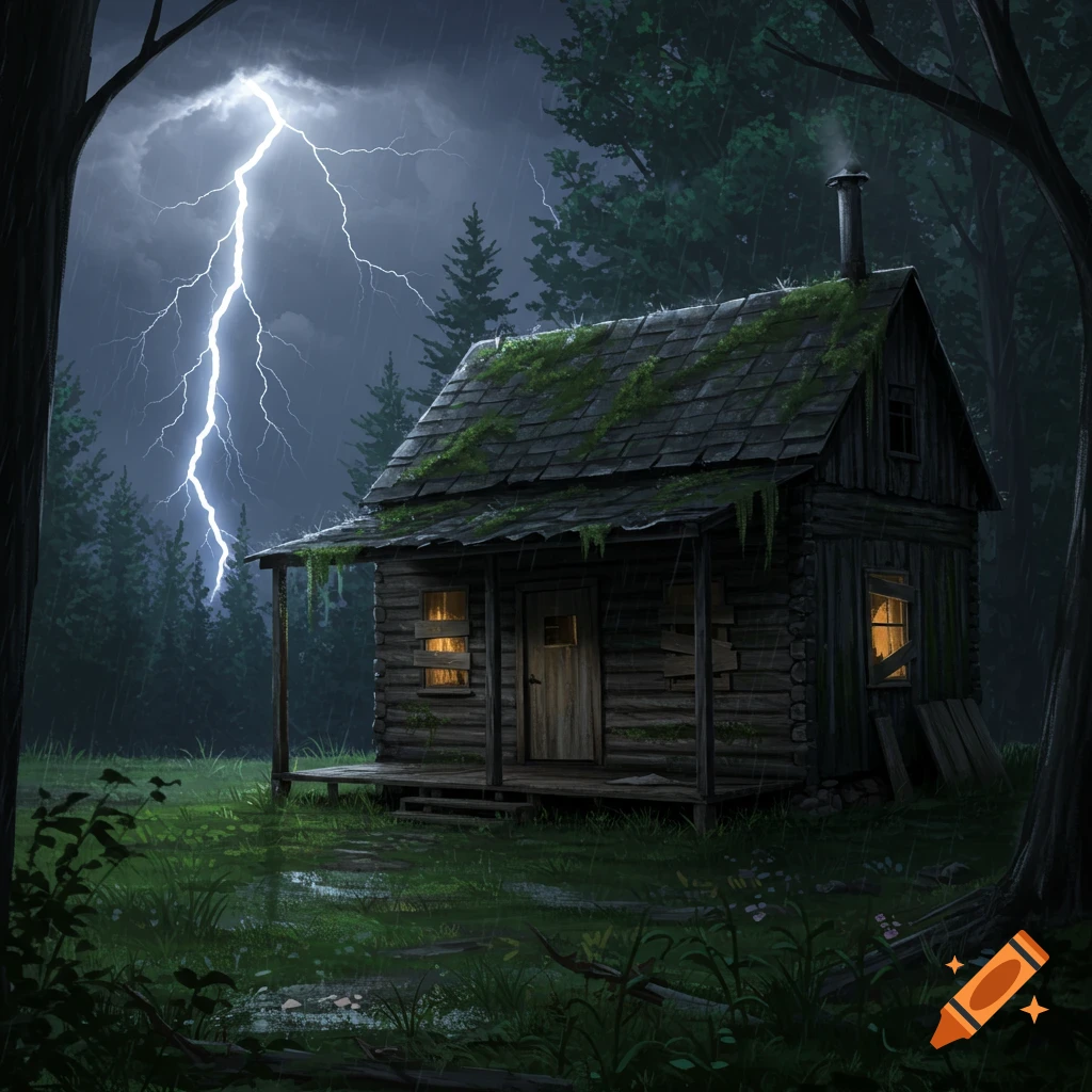 A rundown cabin stands in a dark forest during a rainy lightning storm.