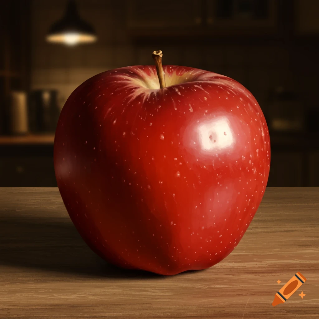 A red apple on a wooden table.