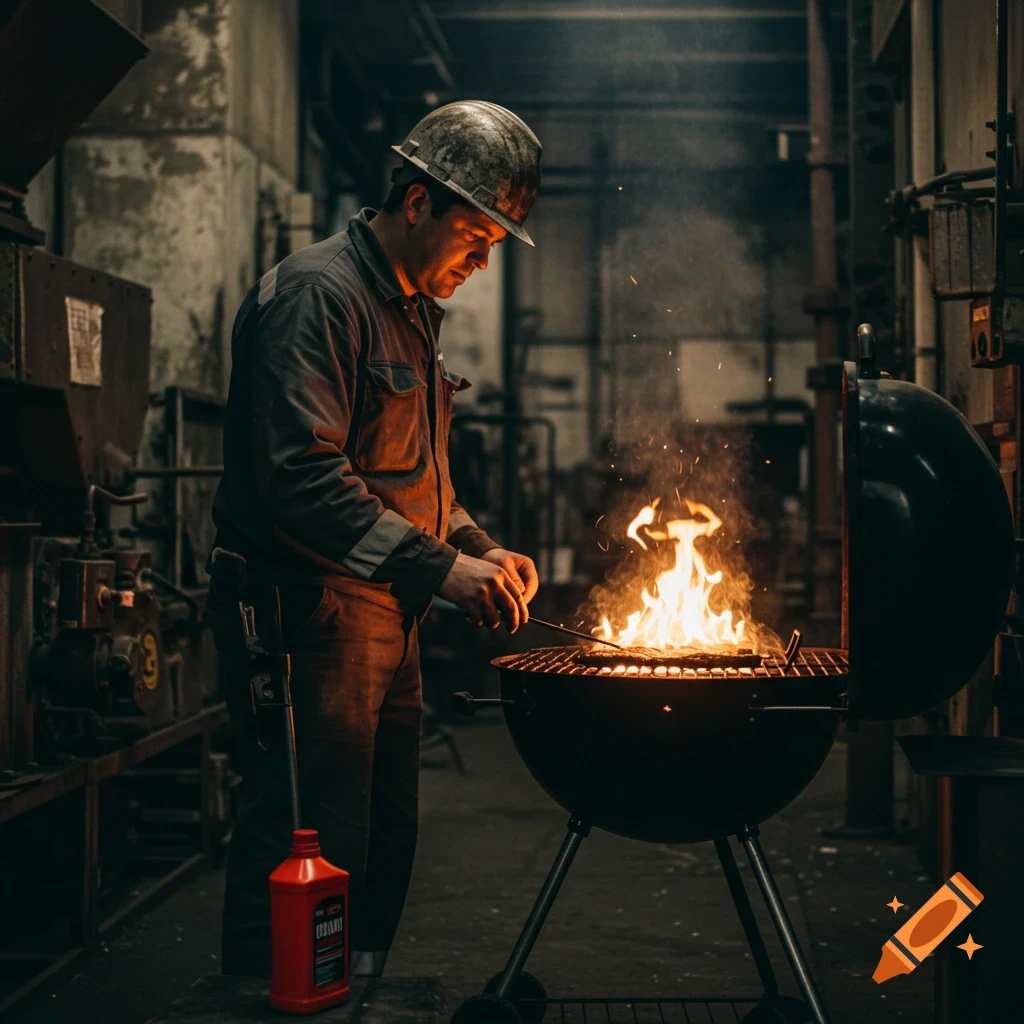 A man in a hardhat grills in an industrial setting with lighter fluid nearby (photorealistic style).
