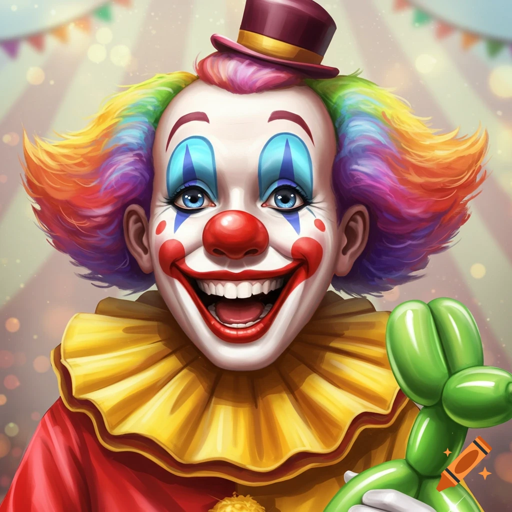 A colorful clown with rainbow hair holds a green balloon animal at the circus.