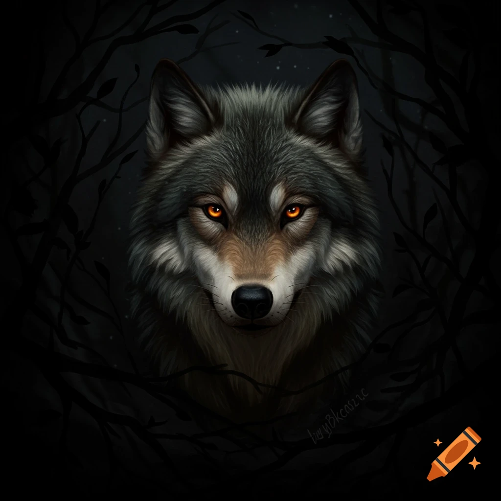 A wolf's head with glowing amber eyes emerges from a dark background, framed by intertwined branches.