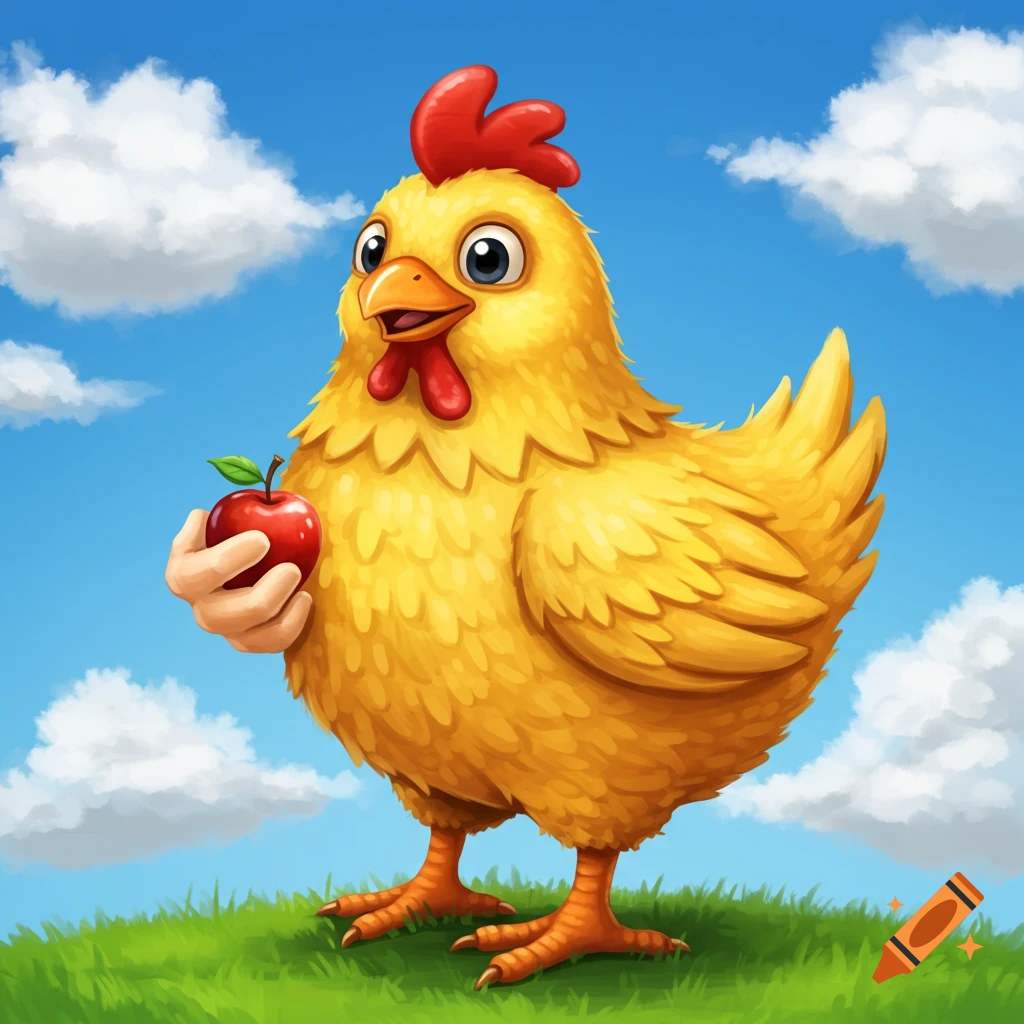 A stylized cartoon chicken holding a red apple.