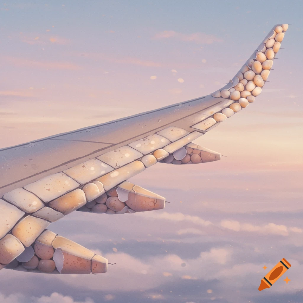 An airplane wing made of eggs flies through clouds at sunset.