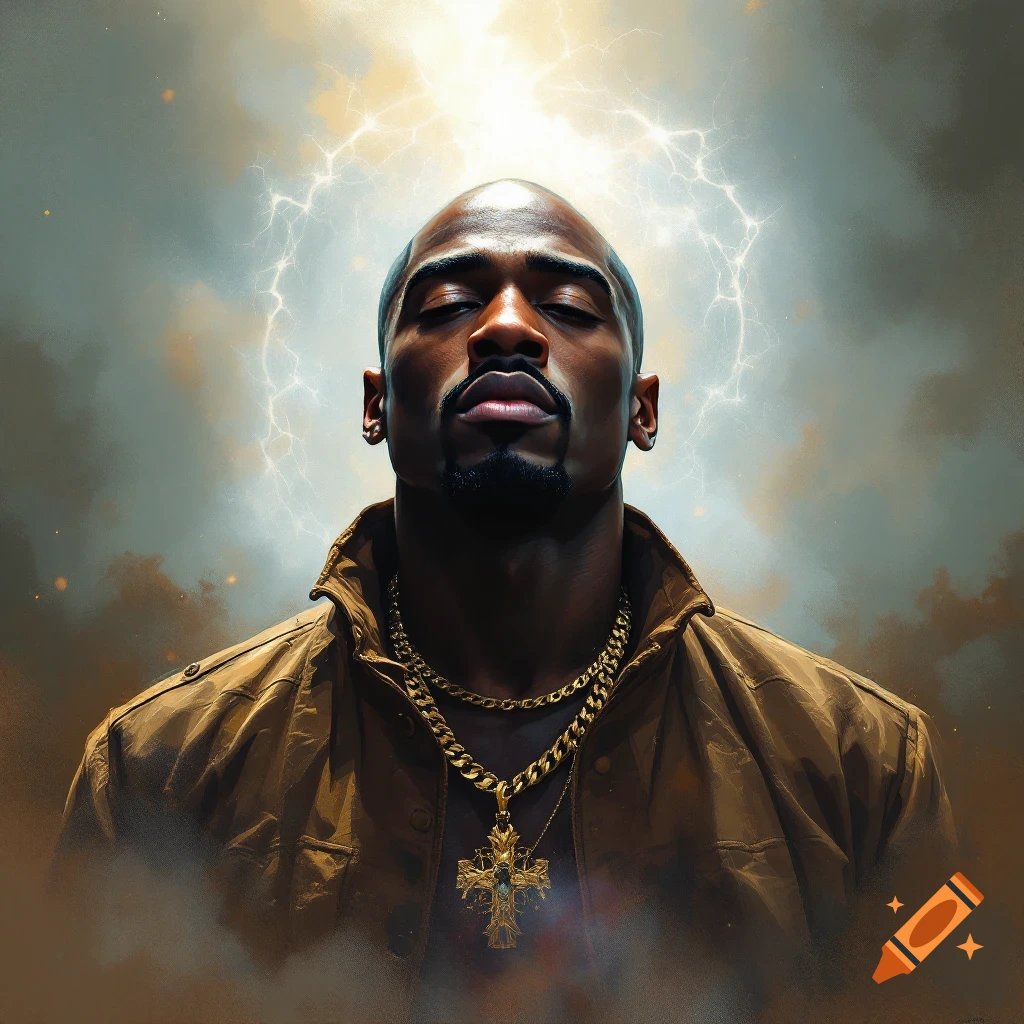 A man with closed eyes and gold chains, with lightning behind him.