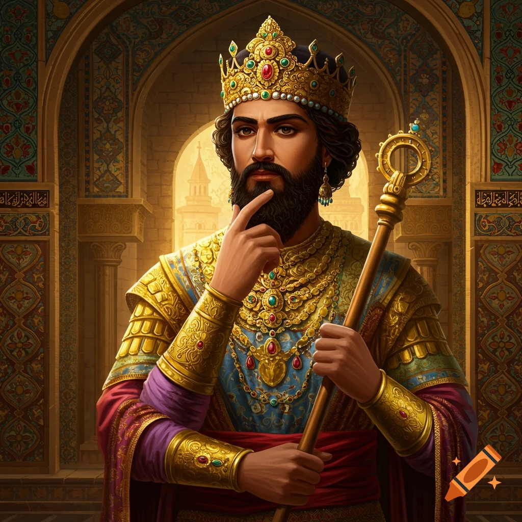 Portrait of a historical or fantasy king in a gold crown and elaborate robes, holding a staff.