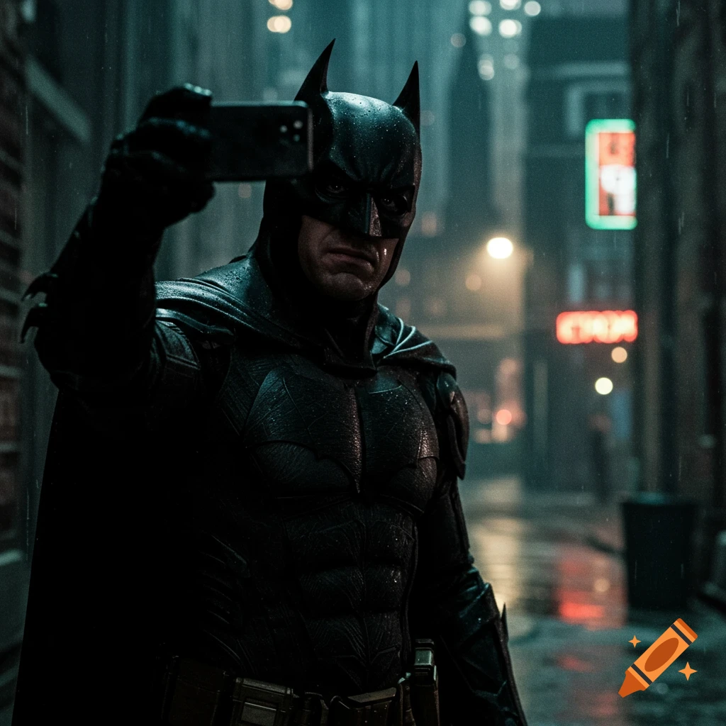 Photorealistic image of Batman taking a selfie in a rainy city alley.