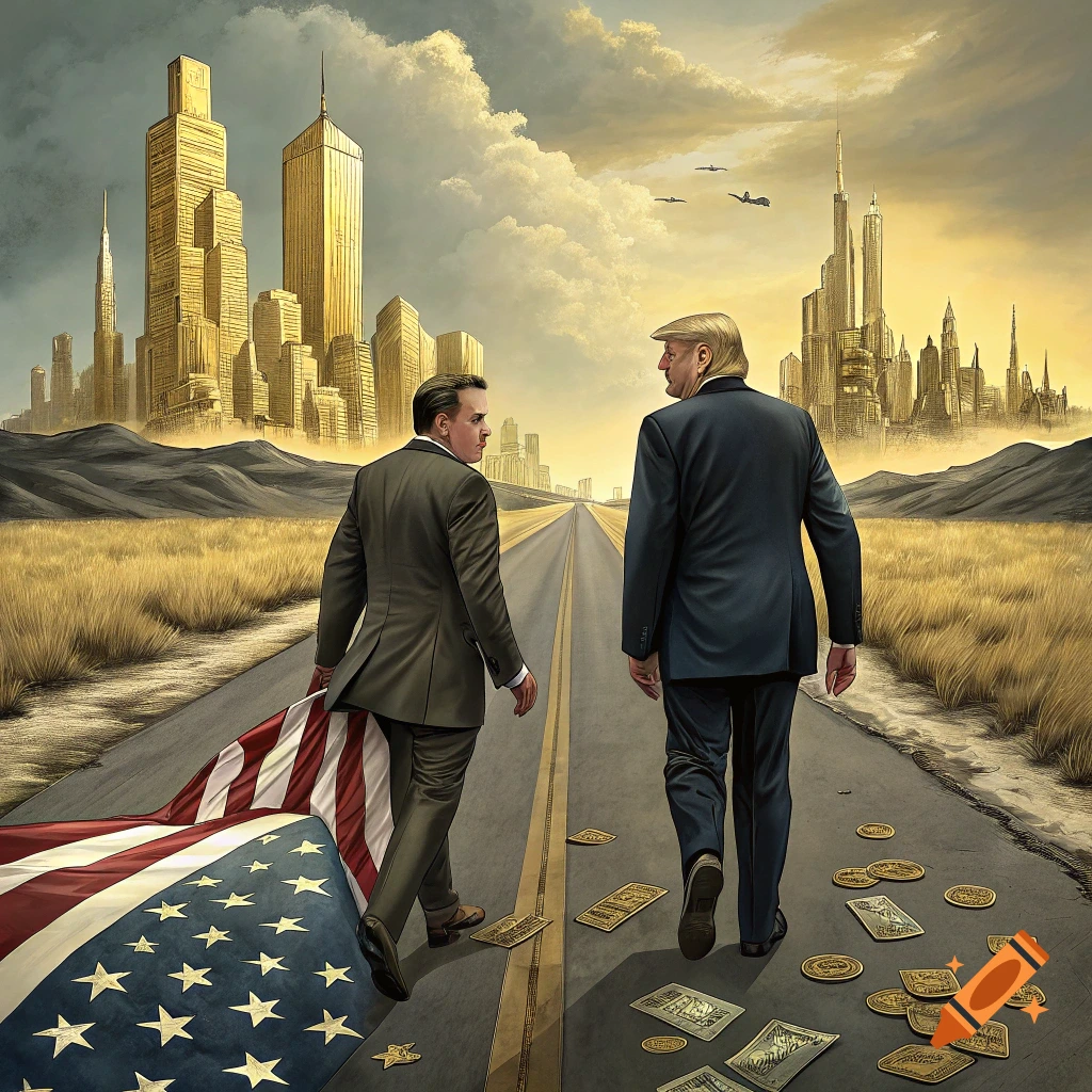 Two men in suits walk away on a road made of a tattered American flag, past scattered money towards a golden city.