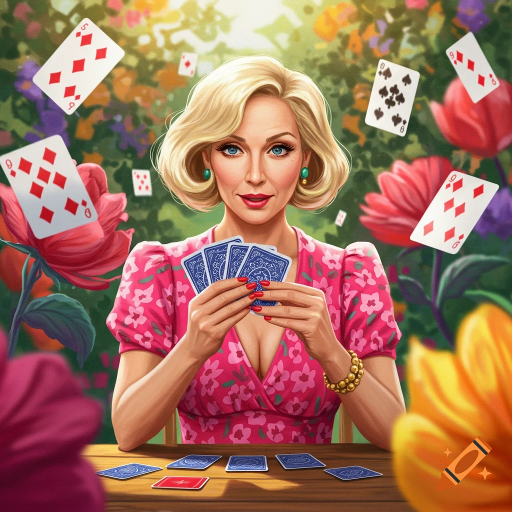 A woman with blonde hair plays cards in a vibrant garden setting.