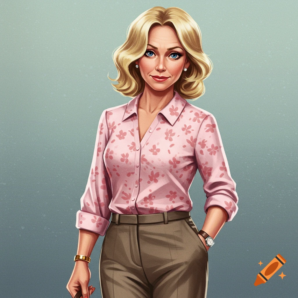 A blonde woman in a floral shirt and brown pants.