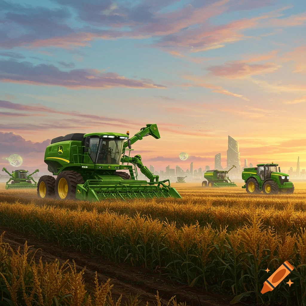 Green combines and tractors harvest a golden field in front of a futuristic city skyline at sunset.