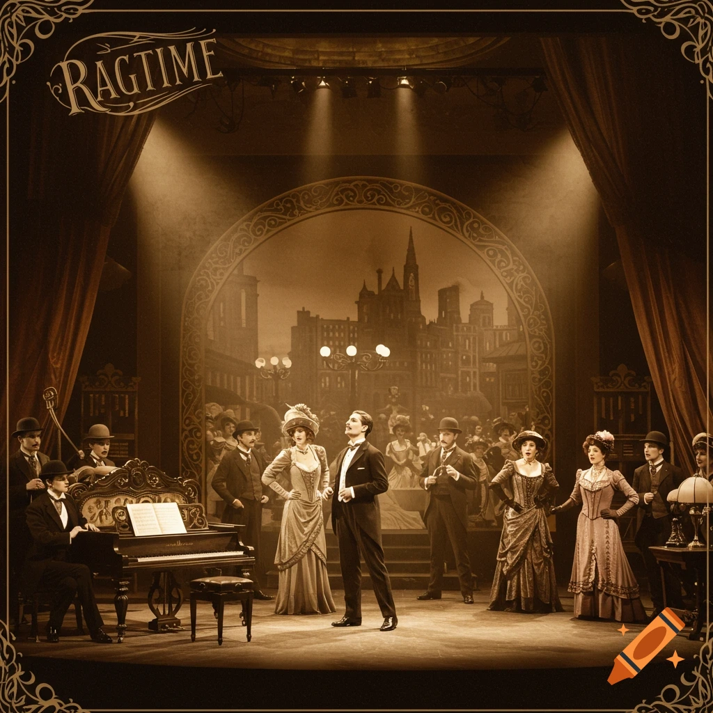 Sepia toned image of a theatre stage with actors in Ragtime-era costumes and a city backdrop.