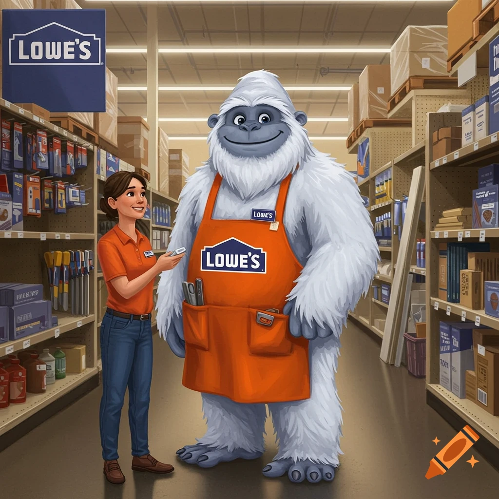 A large white yeti in a Lowe's apron talks to a customer in a store aisle.