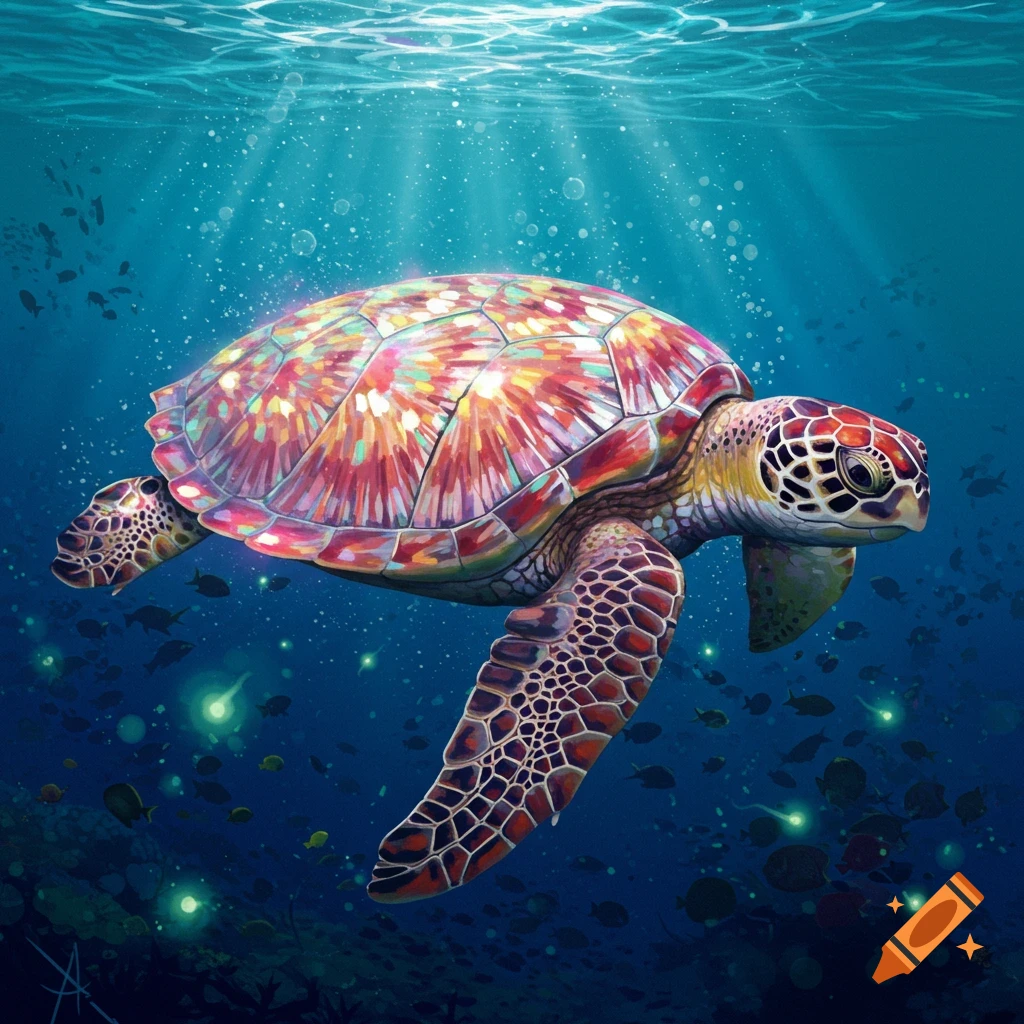 A vibrant, colorful sea turtle swims underwater.