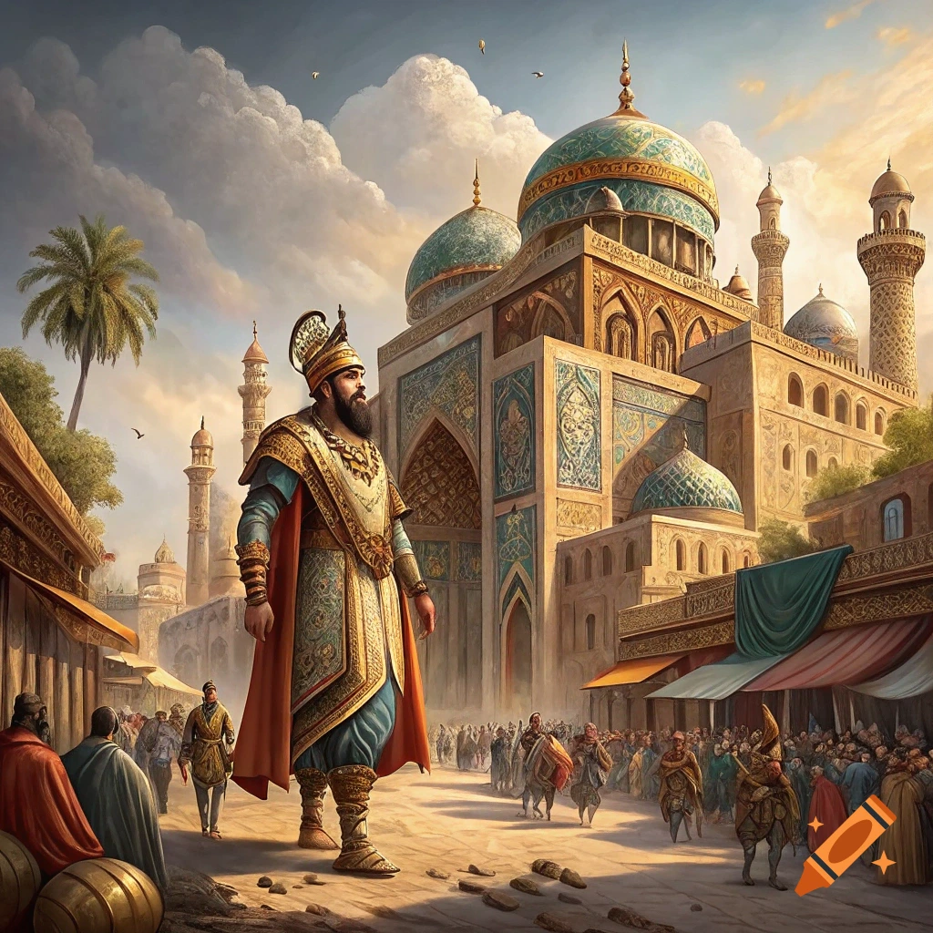 Man in ornate historical clothing stands in busy ancient city square with large ornate buildings and crowds.