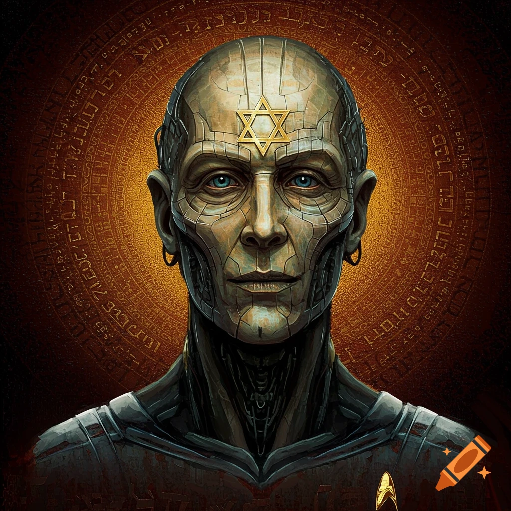 Image of a sci-fi figure with a Star of David on its forehead, against a background of text.