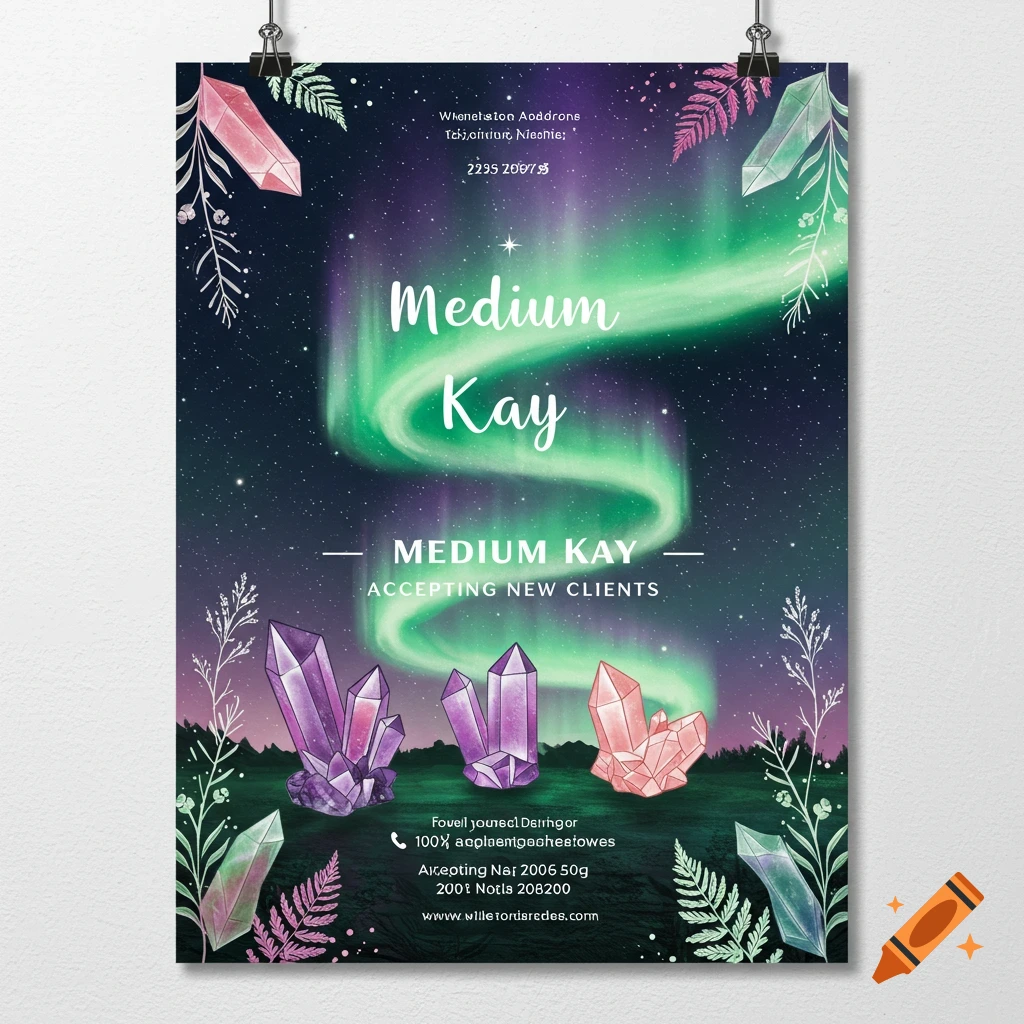 A mystical poster for Medium Kay with northern lights, crystals, and foliage.