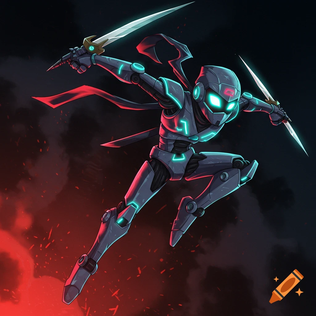 A stylized robotic ninja leaps with swords, cartoon style.