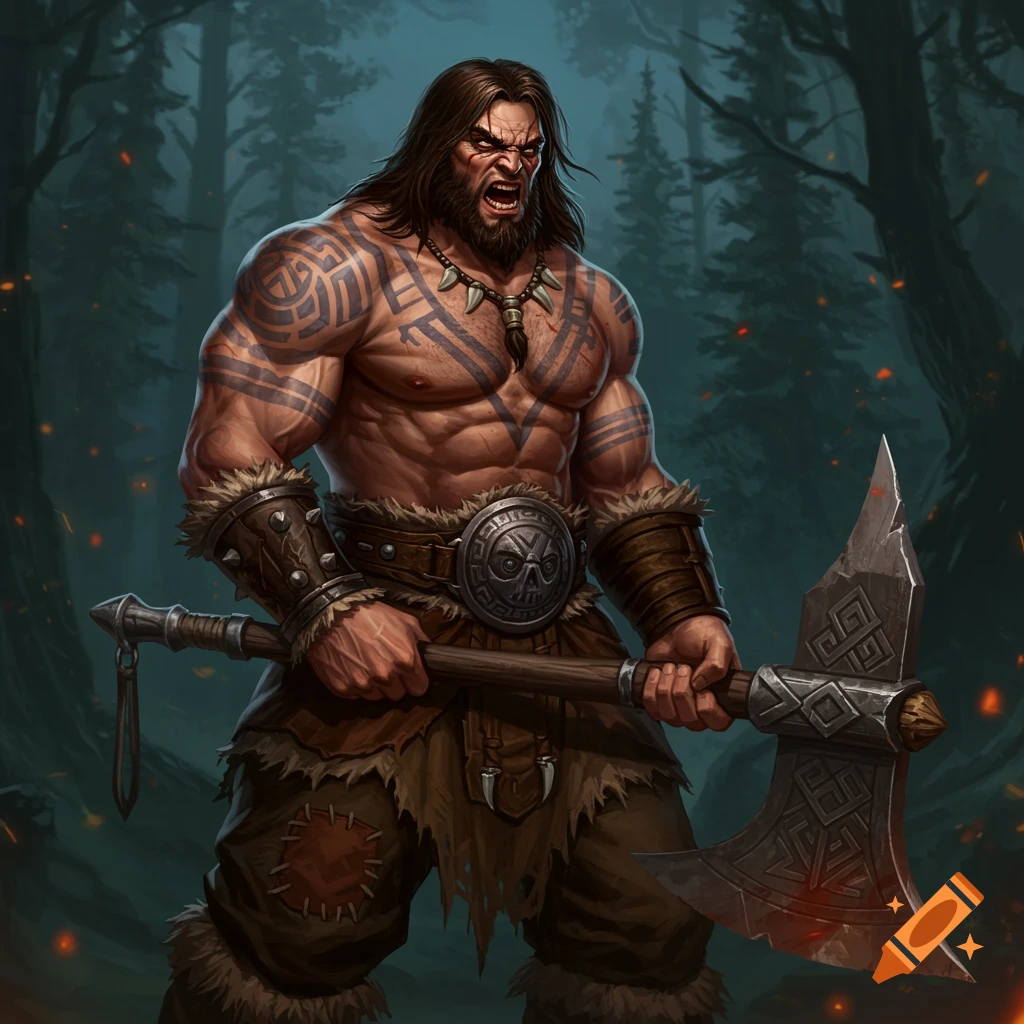Muscular barbarian with tribal tattoos holding an axe in a dark forest.