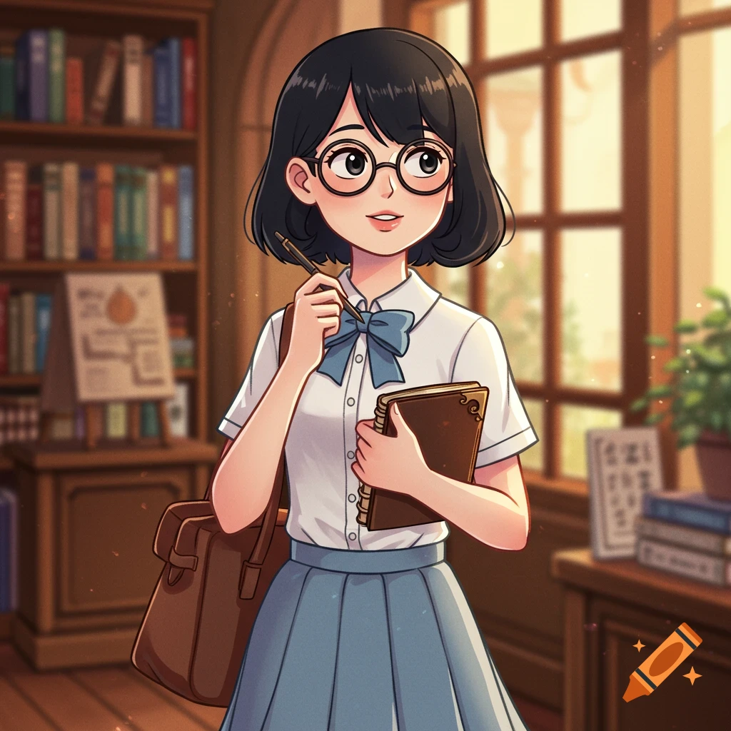 Cartoon young woman with short hair, glasses, holding a book and pen in a library