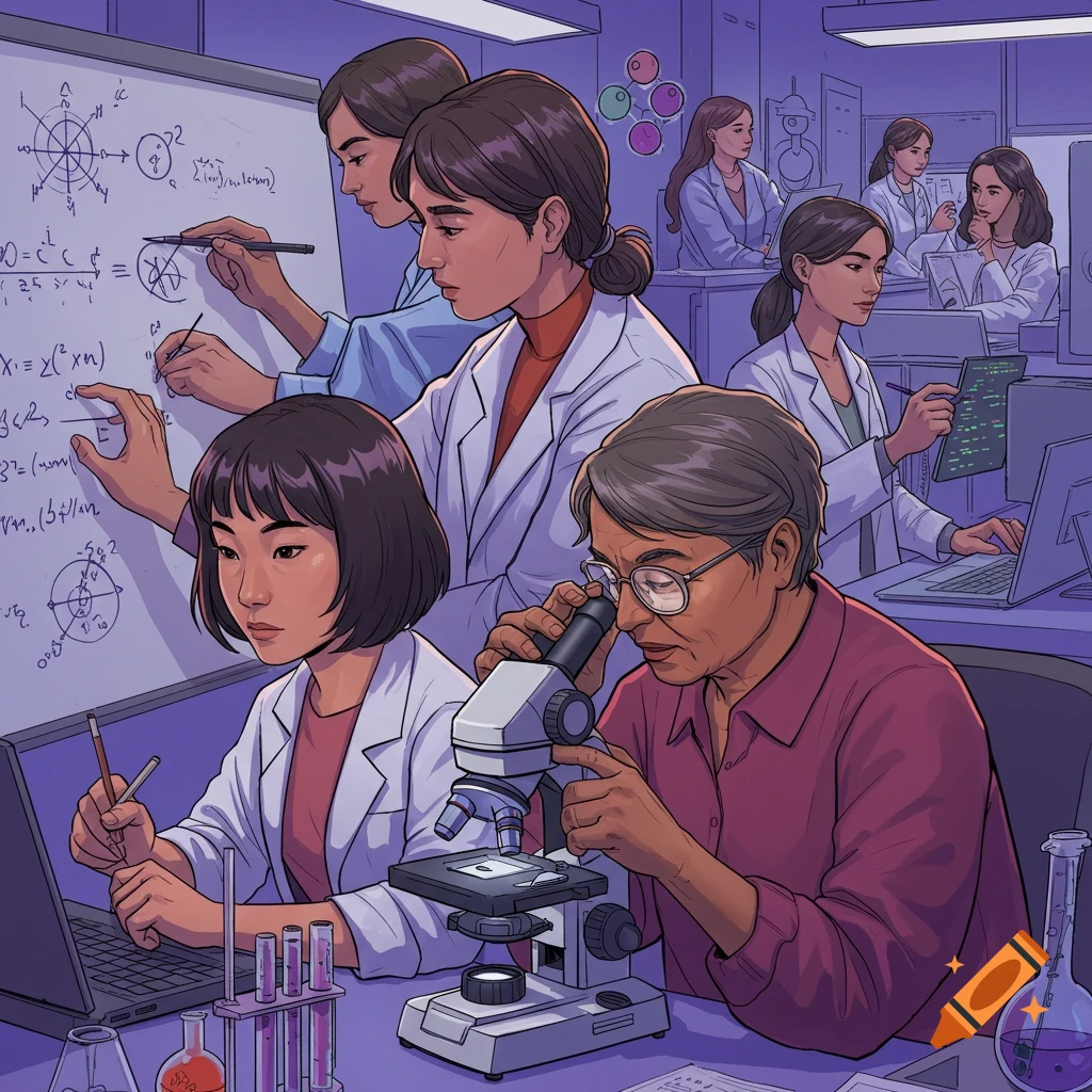 Women working in a science laboratory with microscopes, whiteboards, and computers.