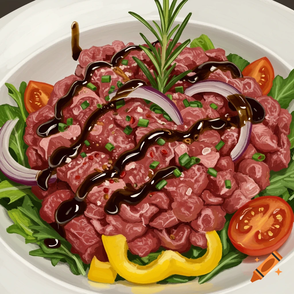 A raw meat salad (tartare) garnished with herbs, onions, tomatoes, and sauce.