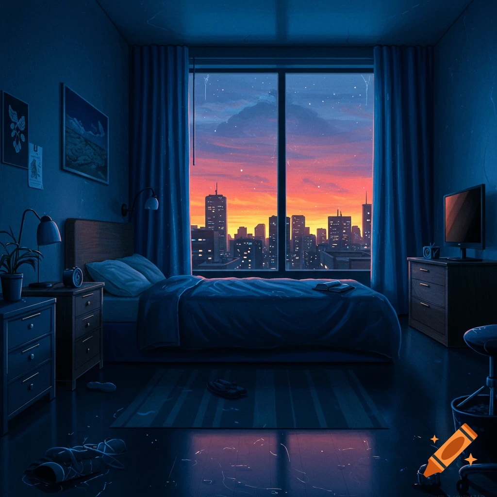 A bedroom looking out at a city skyline during sunset with rain