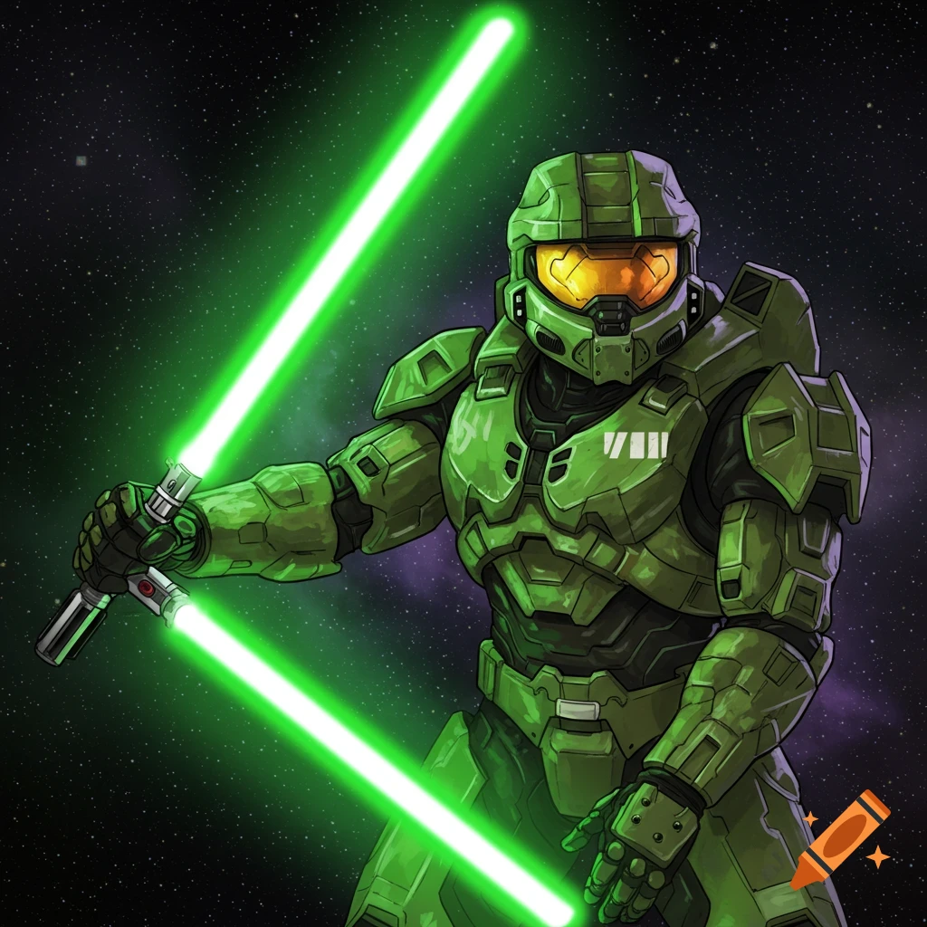 Master Chief from Halo holding two green lightsabers in space.