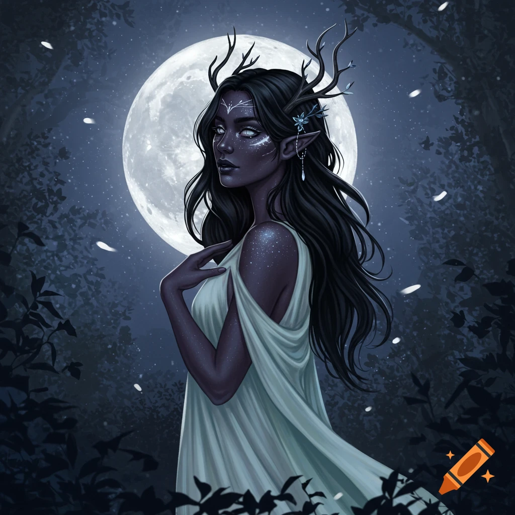 A dark elf with antlers and moon-kissed skin is in a forest under a full moon.