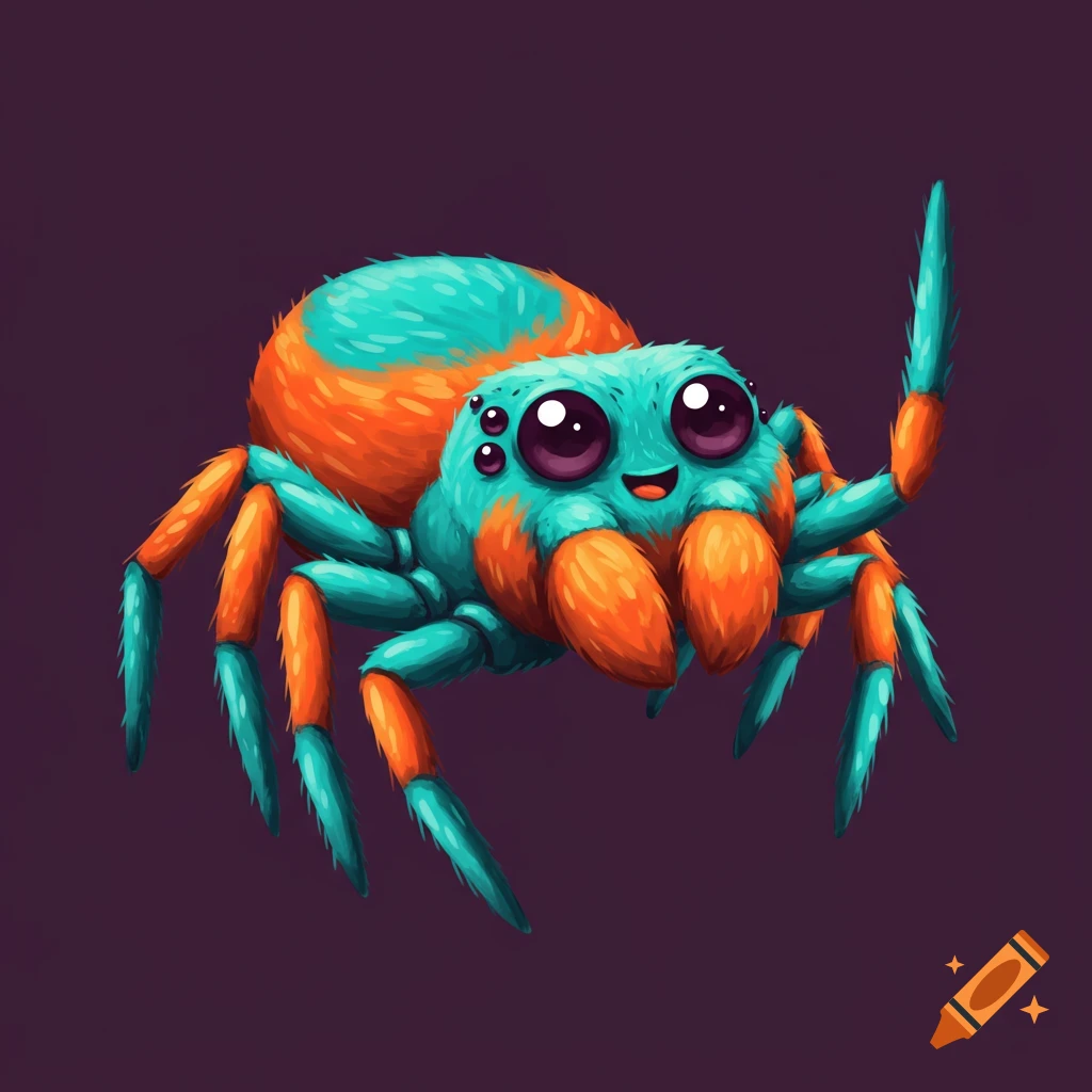 A cute, colorful spider with big eyes waving a leg.