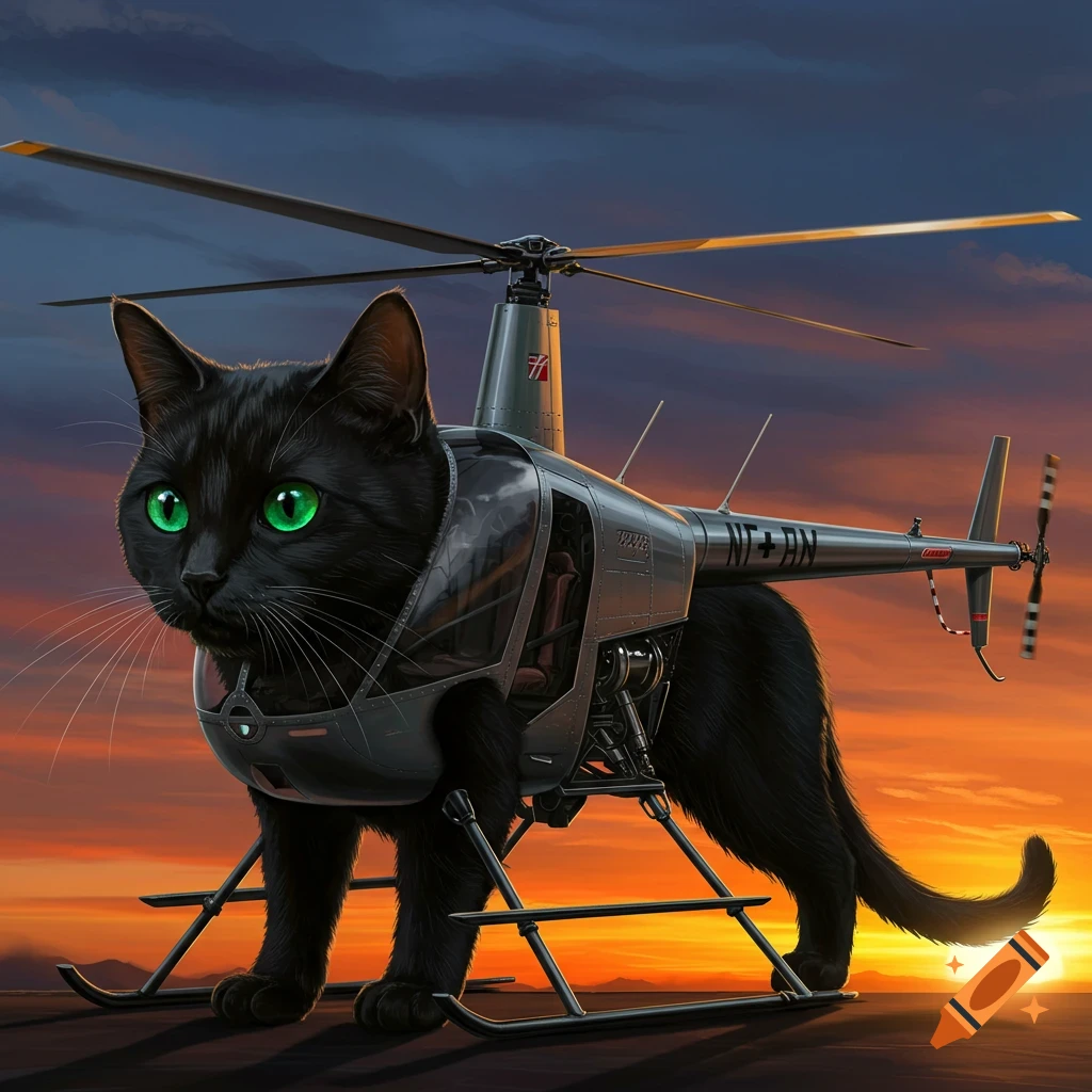 A black cat with a helicopter body and tail attached stands on landing skids at sunset.