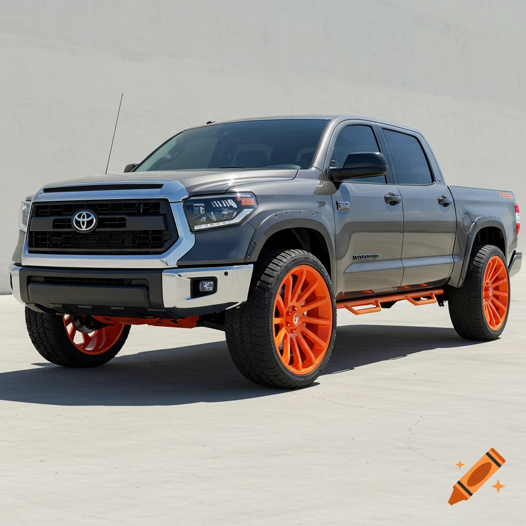 A grey Toyota Tundra pickup truck with bright orange wheels and running boards is parked outdoors.