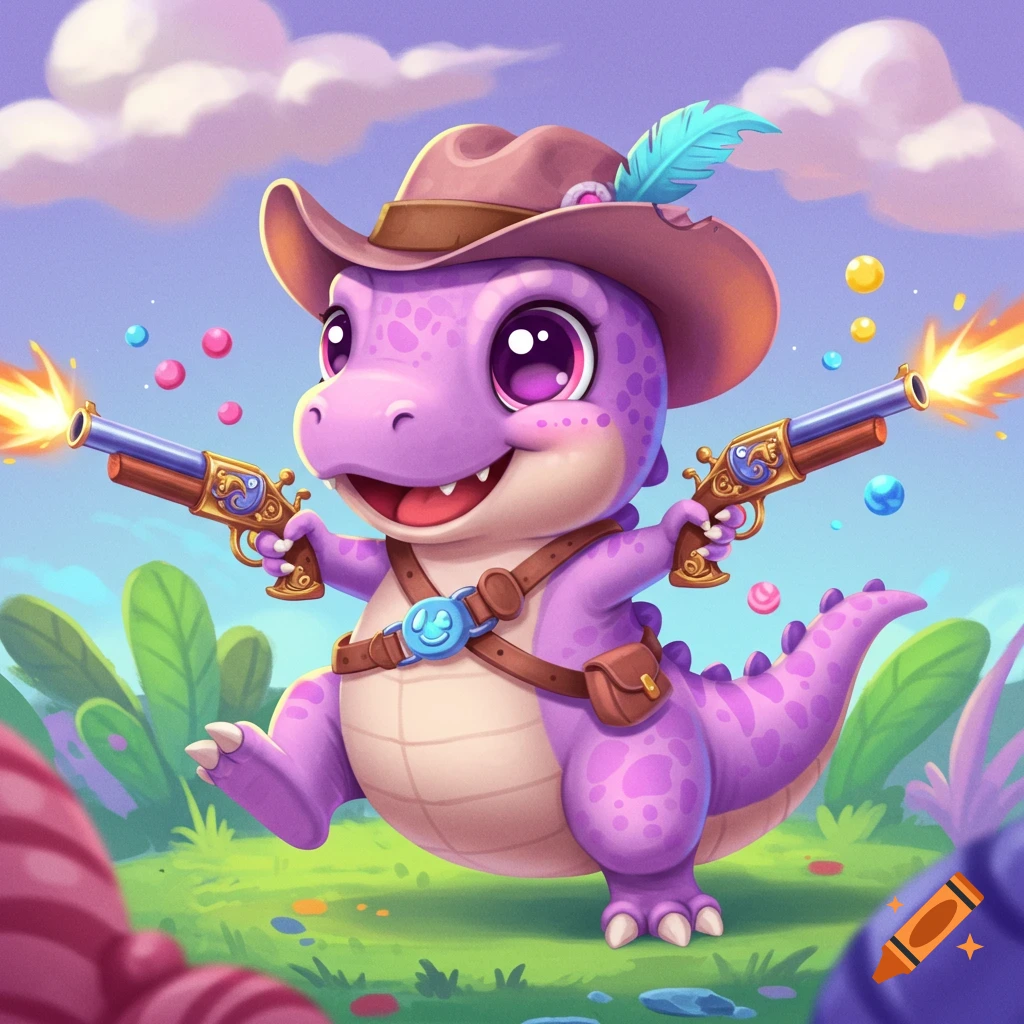 A cute cartoon dinosaur in a cowboy hat holds firing pistols.