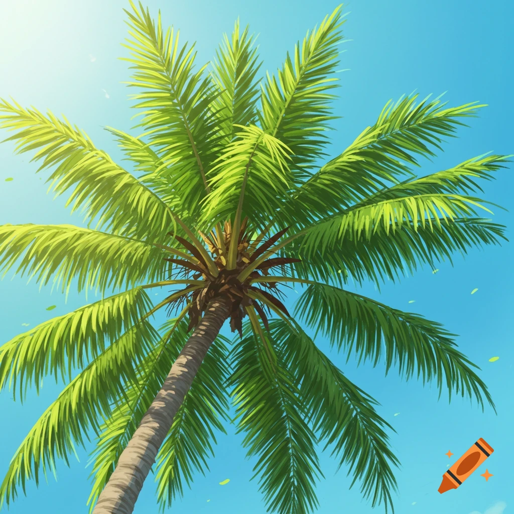 A vibrant palm tree against a bright blue sky, viewed from below.