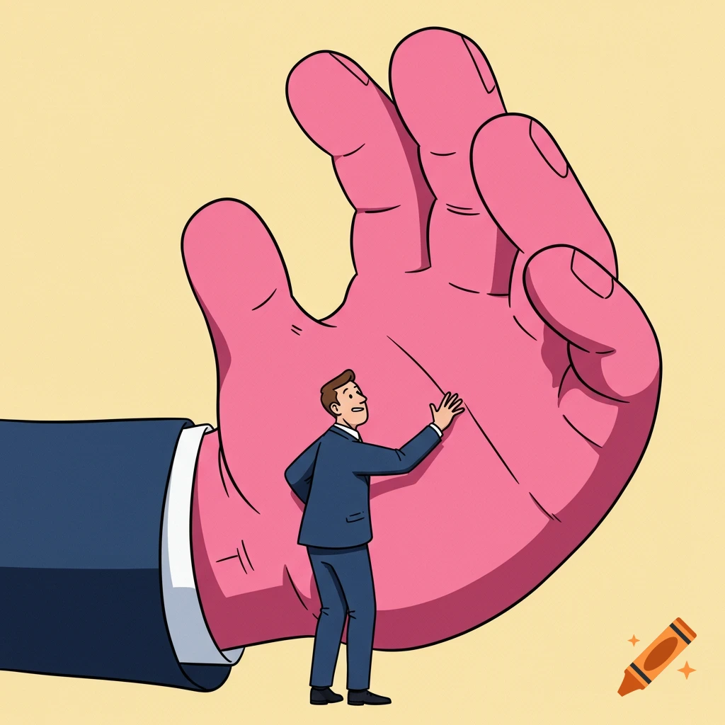 Cartoon illustration of a man next to a giant pink hand
