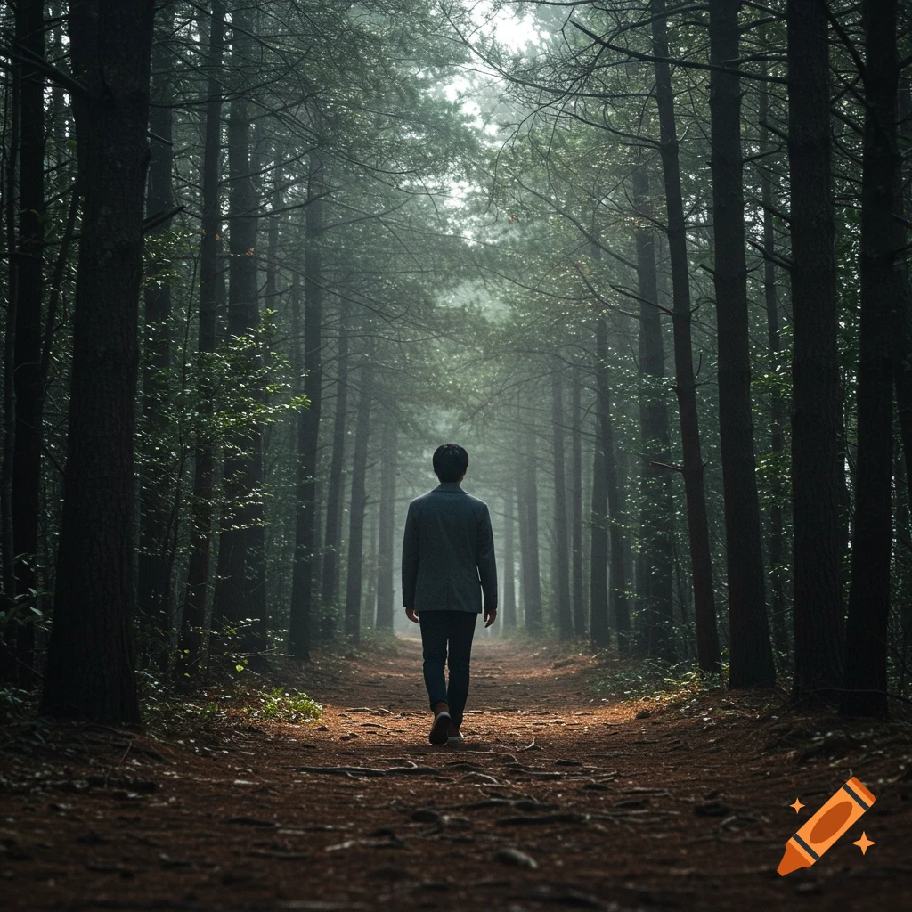 Person walks away on a path through a misty pine forest