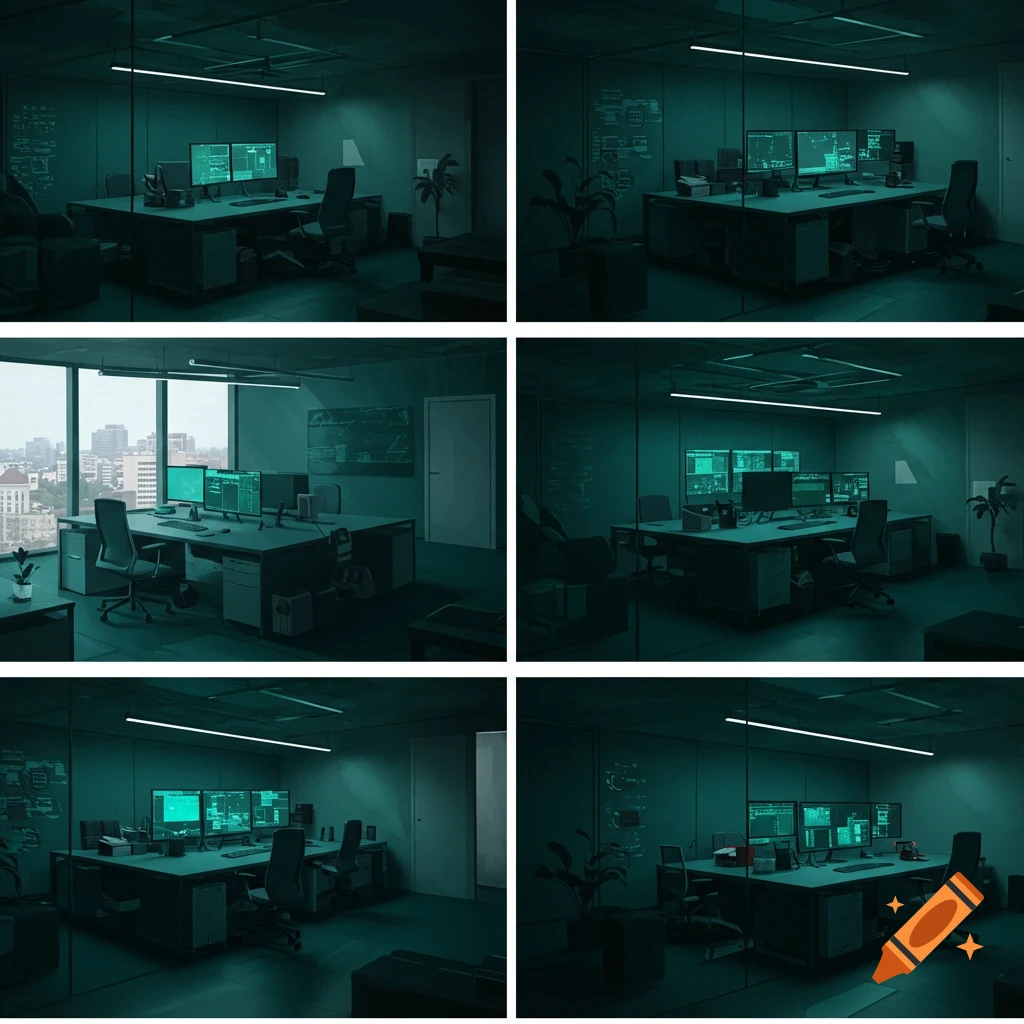 Multiple views of a dark teal office interior with desks, computers displaying data, and windows.
